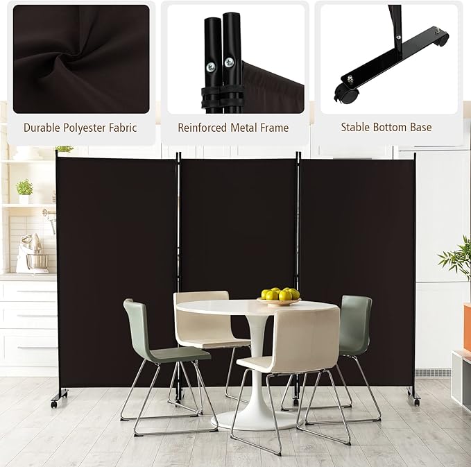 GOFLAME 3 Panel Folding Room Divider, 6FT Rolling Privacy Screen with Lockable Wheels, Portable Room Partition Screen, Freestanding Wall Divider and Separator for Home Office, Brown