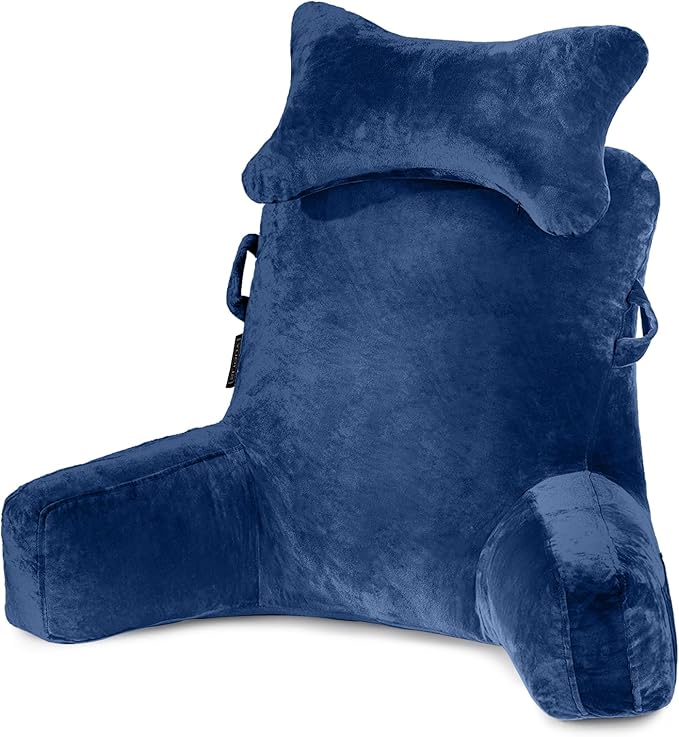 SLIGUY Reading Pillow-Bed Rest Pillow with Detachable Neck Roll & Higher Support Arm for Sitting in Bed Couch or Floor-Backrest Reading Pillow Adult Back Pillow for Reading/Watching TV/Gaming,Blue