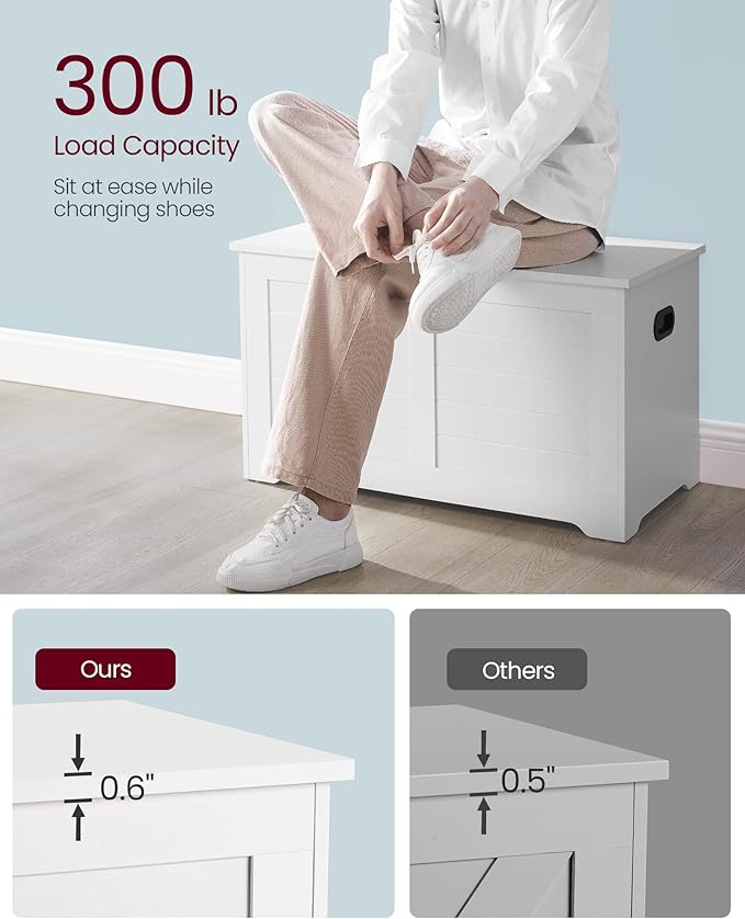 VASAGLE Storage Chest, Storage Bench with 2 Safety Hinges, Farmhouse Style, 15.7 x 31.5 x 18.1 Inches, for Entryway, Bedroom, Living Room, Cloud White ULSB063T14