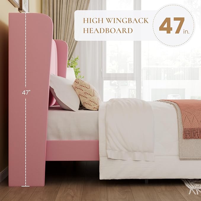 SHA CERLIN King Size Velvet Upholstered Platform Bed Frame with Vertical Channel Tufted Wingback Headboard, Wooden Slats Support, Easy Assembly, Under Bed Storage, No Box Spring Required, Pink
