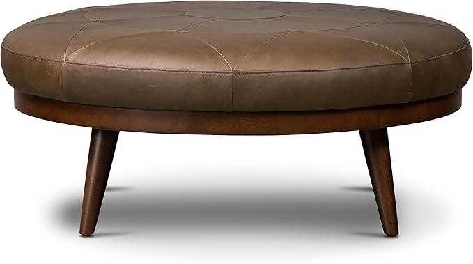 Poly & BARK Gio Ottoman – 30” Round with Feather-Down Topper – Full-Grain Leather Upholstery – Couch Ottoman for Living Room – Vintage Italian Leather in Cocoa Brown