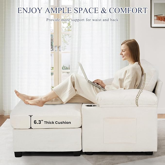 SUNWAVE 58" Chaise Lounge Chair with Ottoman, Chenille Fabric Sofa Bed, Accent Chair with Cupholders & USB Charging Ports for Living Room, Bedroom, Apartment (1 Chaise Ivory)