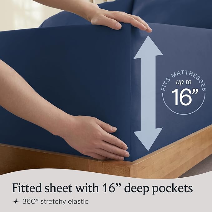 LuxClub 4 PC Full Sheet Set, Deep Pockets Wrinkle Free Cooling Bed Sheets Hotel Bedding for Women, Men, Kids & Teens, Includes 1 Fitted Sheet, 1 Flat Sheet and 2 Pillowcases-Soft Navy