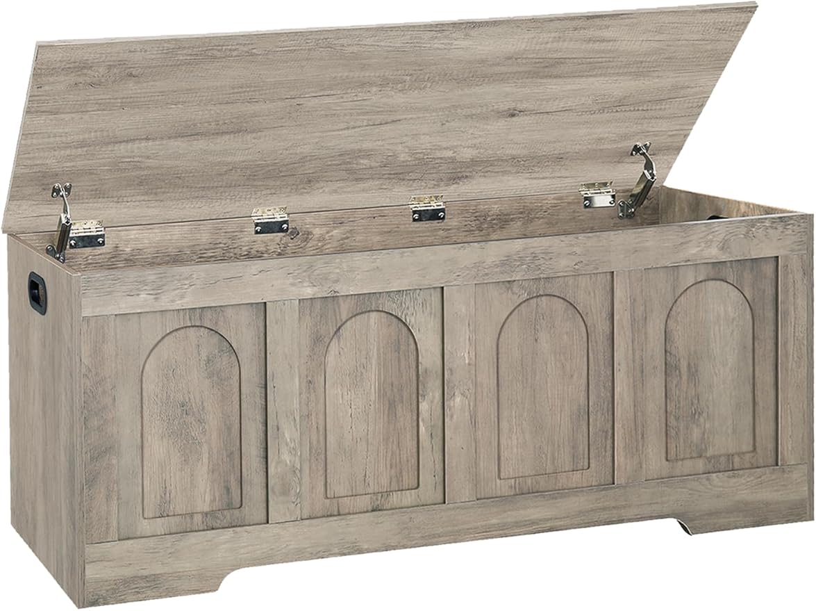 DINZI LVJ Storage Chest, 47.2" Rattan-Like Toy Box with 2 Safety Hinges, Wooden Entryway Storage Bench with Flip-Top, Large Trunk for Living Room, Bedroom, Easy Assembly, Gray Wash