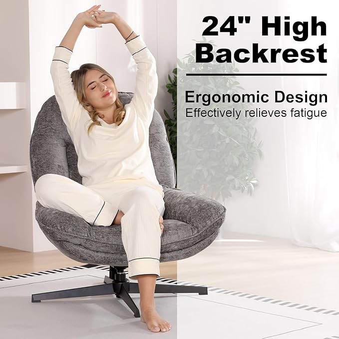 1 Pack 360°Free Swivel Accent Chair for Living Room, Slightly 20°Rocking, 24" High Backrest Upholstered Armchair, Ergonomic Design, Chenille Breathable Soft Fabric Modern Single Sofa, Gray