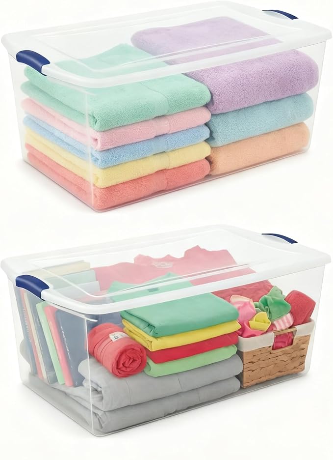 2-Pack 105 Quart Heavy Duty Plastic Storage Bins - Stackable Clear Containers with Lids & Blue Latches, Extra-Large Capacity for Bedding, Clothing, Holiday Decor, Garage & Closet Organization