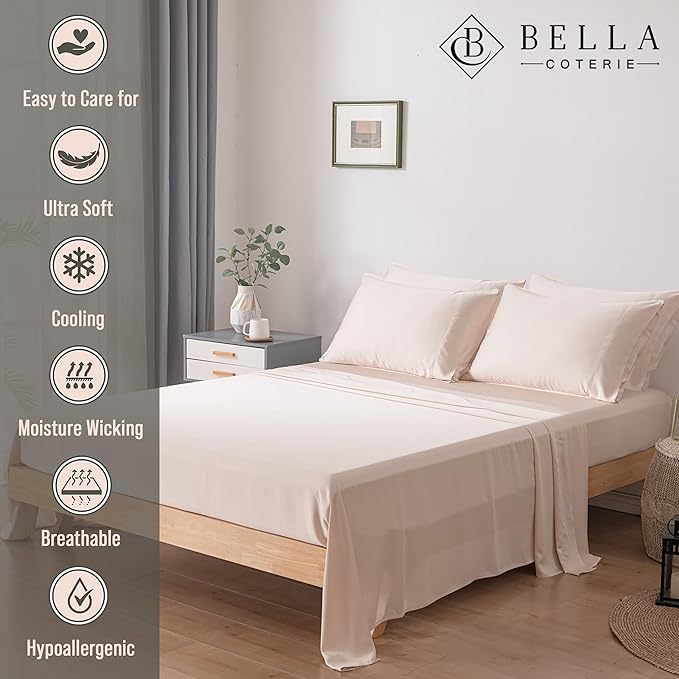 Bella Coterie 6 Piece Luxury Bamboo Viscose California King Size Sheet Set | 100% Organically Grown | Cooling for Hot Sleepers | 18" Deep Pocket | Soft & Hypoallergenic | 4 Pillowcases [Champagne]