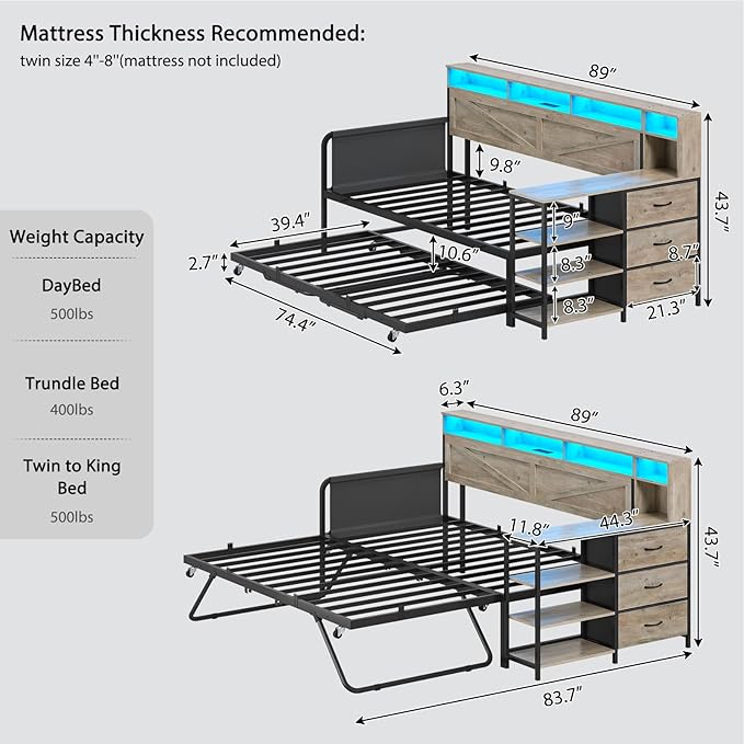 VIAGDO Daybed Twin with Pop Up Trundle, Farmhouse Wooden Day Bed Frame with 3 Storage Drawers and Shelves, Twin to King Daybed with Charging Station and LED Lights for Bedroom, Guest Room, Grey