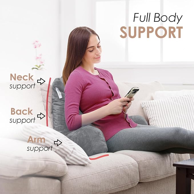 Nestl Reading Pillow with Shredded Memory Foam, Designed for Sitting Up in Bed and Couch, Back and Arms Adjustable Support for Adult & Teens Backrest Pillows for Reading, with Washable Cover Grey
