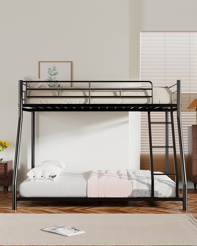 Twin Over Full Bunk Bed for Adults & Kids, Heavy Duty Bunk Beds with EVA Padded Ladder and Full-Length Guardrails, Noise-Free Metal Bed Frame, Space-Saving Design, Black
