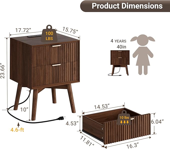 Fluted Nightstand, Beveled Edges Night Stand, 2 Drawer Nightstand with Charging Station, Wooden End Table with Solid Wood Legs, Modern Bedside Table for Bedroom Sofa Home Office, Walnut
