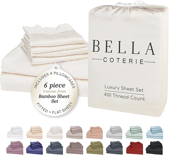 Bella Coterie 6 Piece Luxury Bamboo Viscose King Size Sheet Set | 100% Organically Grown | Cooling for Hot Sleepers | 18" Deep Pocket | Soft & Hypoallergenic | 4 Pillowcases [Ivory]