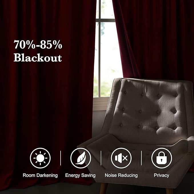 RYB HOME Burgundy Red Velvet Curtains for Christmas Decor, Soft Luxury Backdrops for Studio Theater, Back Tab Design for Bedroom Living Room, 52" W x L80 L, 2 Panels Set