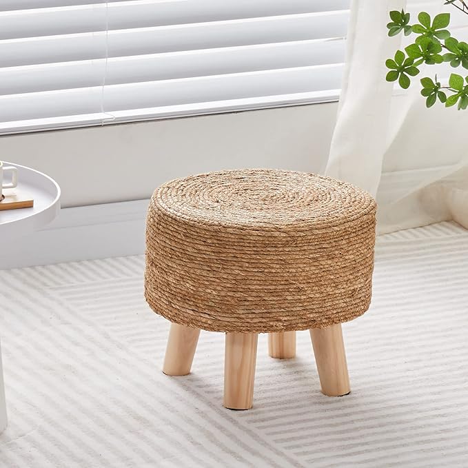 Wimarsbon Round Foot Stool Natural Seagrass Poufs Ottoman Hand Weave Footrest Stool for Couch Desk Extra Seat Step Stool with Solid Wood Legs for Hallway Patio Lounge Natural