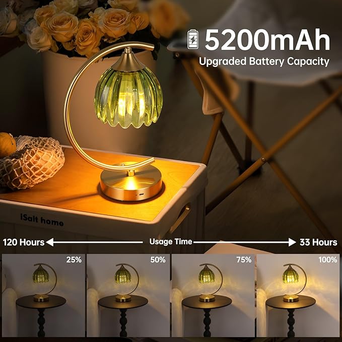 Tulip Table Lamp with 5200mAh Battery & Touch Control, Cordless Lamp with 3 Color Temperatures Clear Bulb, Rechargeable Small Table Lamps for Living Room, Bedside, Nightstand (Green Tulip)