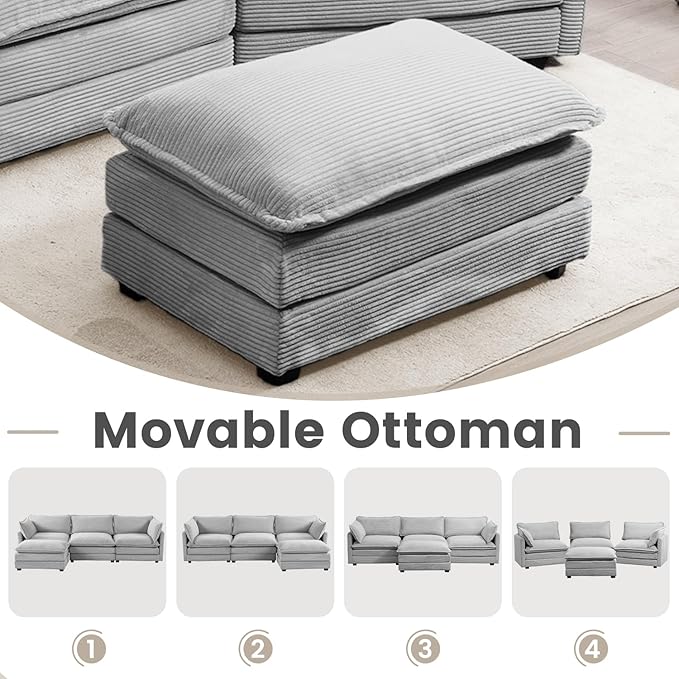 ROWHY Oversized Modular Sectional Sofa with Movable Ottoman, 112 Inch 4 Seat Modern Corduroy Sofa Set, Convertible L Shaped Couch for Living Room and Office, Light Grey