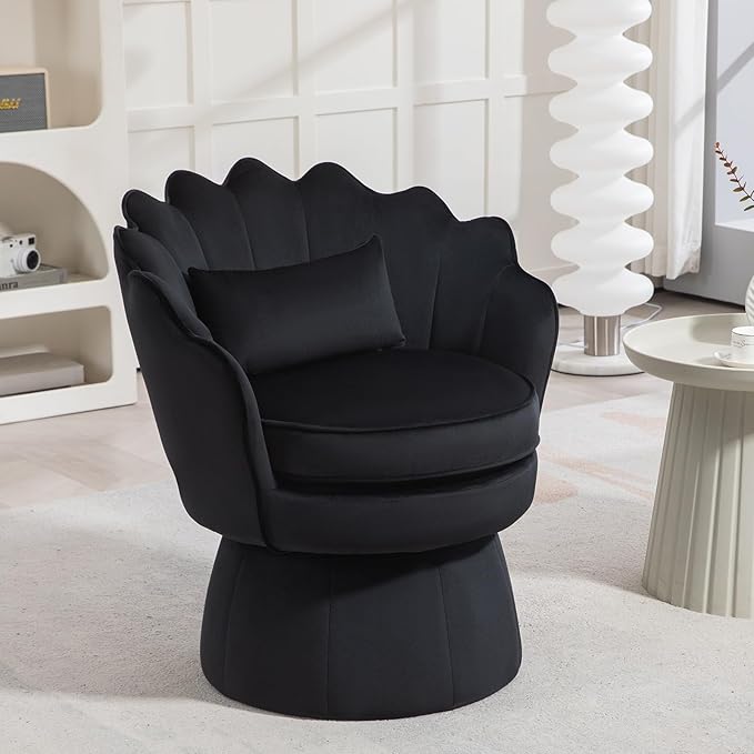 360° Swivel Accent Chairs Set of 2, Mid-Century Modern Velvet Barrel Chair, Comfy Shell Shape Arm Chair with Lumbar Pillow for Living Room, Bedroom, Office, Black
