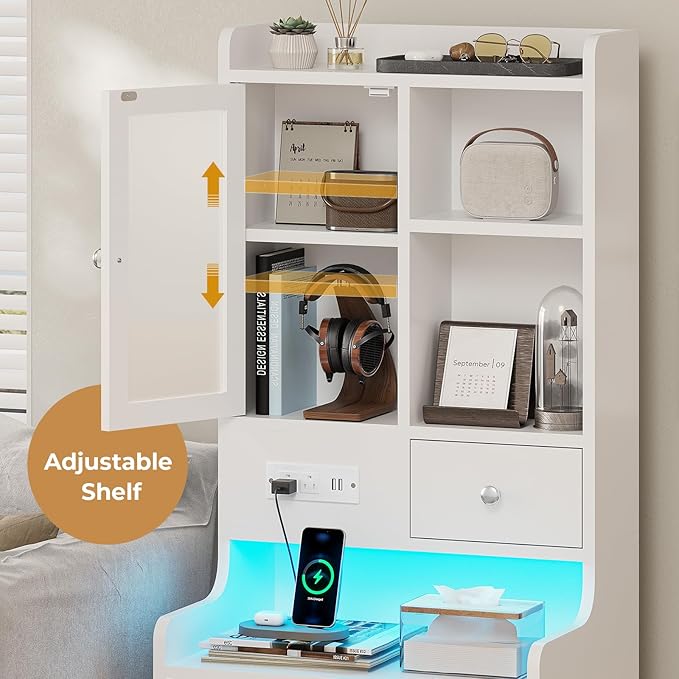 ADORNEVE Tall Night Stand with Charging Station and LED Lights,49.2" Nightstand with Bookshelf, White Bedside Table with Drawers,End Side Table for Bedrooms