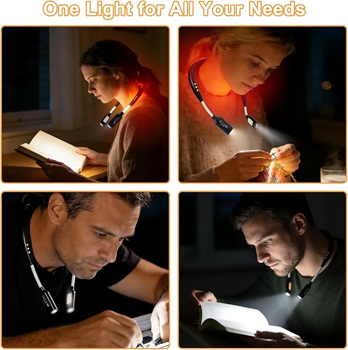 Neck Light with Neck Heating, 2000mAh Rechargeable Battery, Hands-Free Reading Light for Bed, Knitting,Camping and Book Lovers(Black)
