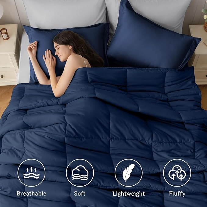 JOLLYVOGUE Queen Comforter Set, Ultra-Soft Bed in a Bag Queen Size 7 Pieces, Oeko-TEX Certified Bedding Set with Down Alternative Comforter, Sheets, Pillowcases & Shams, Navy Blue & Light Grey