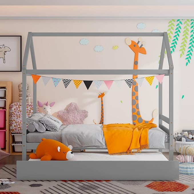 Giantex House Bed with Trundle, Solid Wood Twin Size Daybed for Girls & Boys, Kids Platform Bed Frame with Roof for Bedroom, No Box Spring Needed, Grey
