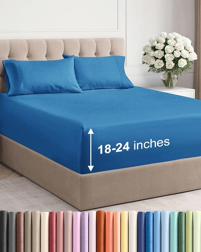 Extra Deep Twin XL Sheet Set - 4 Piece Breathable and Cooling Sheets - Hotel Luxury Bed Sheets Set - Easy Fit - Soft, Wrinkle Free and Comfy Sheets Set - Denim Blue Sheet Set with Extra Deep Pockets