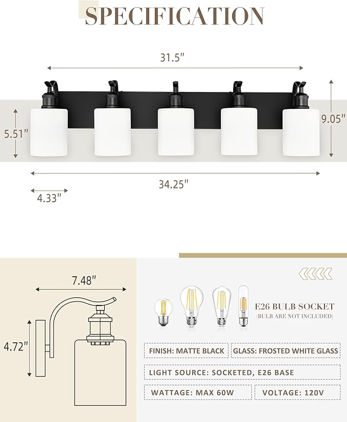 5 Light Bathroom Vanity Light, Morden Black Vanity Light Bathroom Lighting Fixtures Over Mirror Black Wall Sconces with Milky White Frosted Shade ZCVL01BKW-5