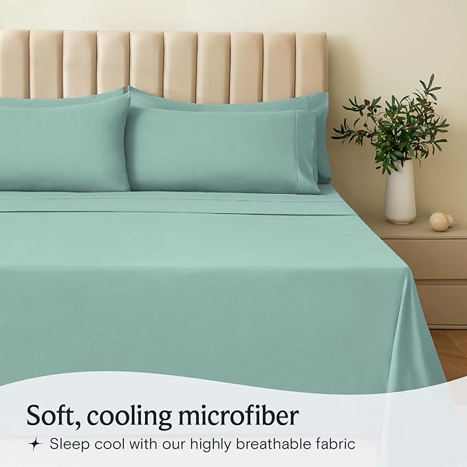 LuxClub 4 PC King Sheet Set, Deep Pockets Wrinkle Free Cooling Bed Sheets Hotel Bedding for Women, Men, Includes 1 Fitted Sheet, 1 Flat Sheet and 2 Pillowcases-Soft Light Teal