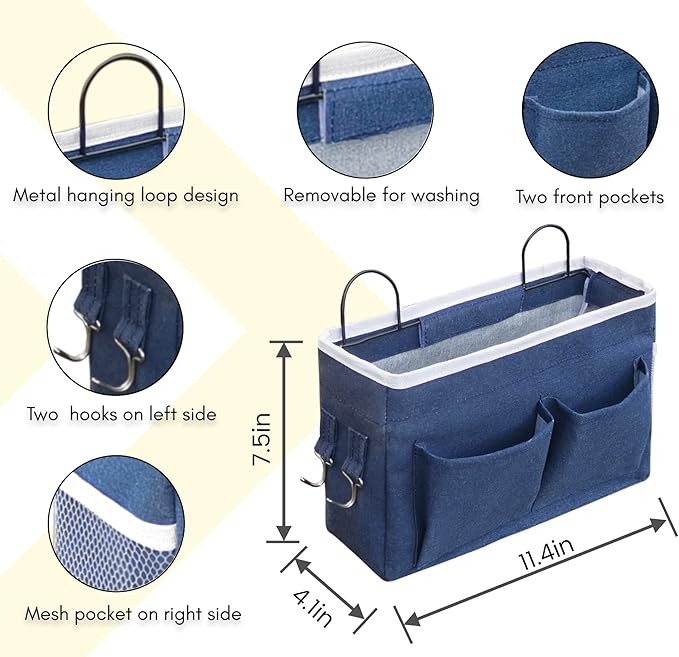 Kanrichu 2pcs Middle Wall Hanging Organizer Bag, Linen Fabric Door Hanging Storage Basket with Pockets, Waterproof Bin for Kitchen, Bedroom, Office, RV Camper (Blue)