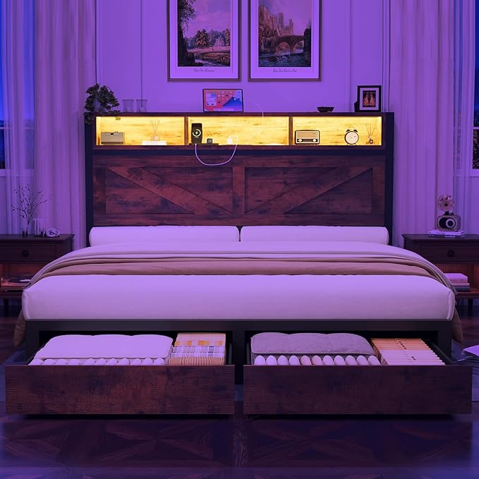 Farmhouse Queen Bed Frame with Bookcase Storage Headboard, Charging Station, LED Light and 2 Storage Drawers, Noise Free, No Box Spring Needed, Brown