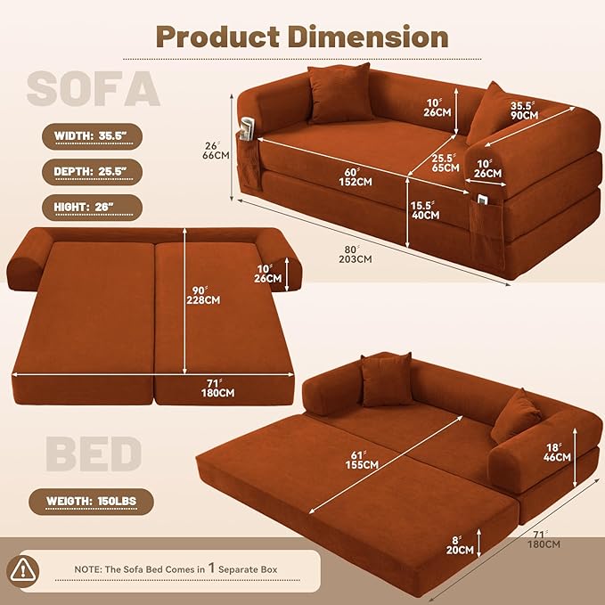 Convertible Futon Sofa Bed,80" Folding Pull Out Couch Bed with Storage,Queen Sleeper Sofa Bed,Compressed Couch in a Box,Corduroy Boneless Couches for Living Room,Orange