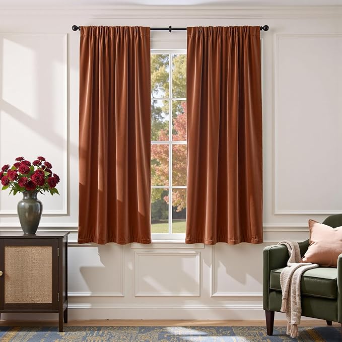 Lazzzy Velvet Blackout Curtains Thermal Insulated Room Window Drapes Super Soft Luxury Curtains for Living Room Bedroom Rod Pocket 2 Panels, Burnt Orange, 52" W x 63" L