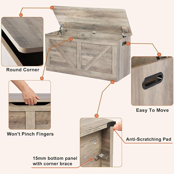 Timberer 39.4" Storage Chest, Wooden Storage Bench, Large Storage Trunk with 2 Safety Hinges, Entryway Shoes Bench for Living Room, Bedroom, Grey