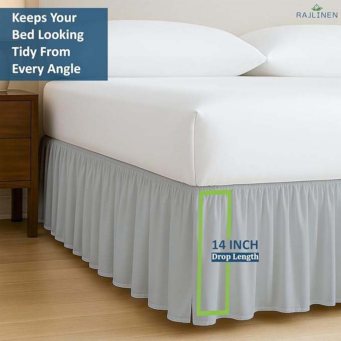 Rajlinen Ruffled Bed Skirt Twin, 14 Inch Drop Dust Ruffle with Split Corners, 100% Microfiber Bedskirt with Platform, Three-Sided Coverage Ruffled Gathering Design, Light Grey