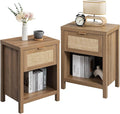 SICOTAS Rattan Nightstands Set of 2 - Farmhouse Night Stand with Drawer and Storage Shelf - Boho Bedside Table End Side Table for Bedroom, Oak