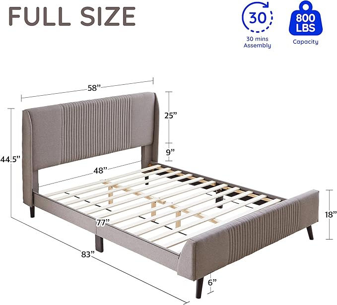 Livinia Sunset Full Size Wingback Platform Bed, Fabric Upholstered Full Bed Frame with Vertical Channel Tufted Headboard Footboard, Strong Wood Slats, No Box Spring Needed, Gray