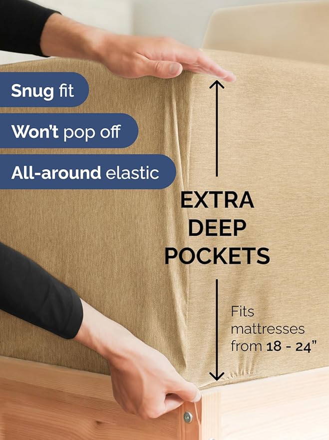 Extra Deep Full Sheet Set - 6 Piece Breathable and Cooling Sheets - Hotel Luxury Bed Sheets Set - Easy Fit - Soft, Wrinkle Free and Comfy Sheets Set - Heathered Tan Sheet Set with Extra Deep Pockets