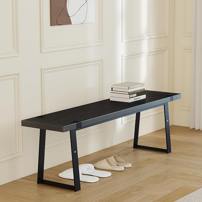 Wooden Dining Bench 60” Industrial Table Benches, Seating Chair Rustic Indoor Benches, Mid Century Kitchen Bench with Metal Legs, Black