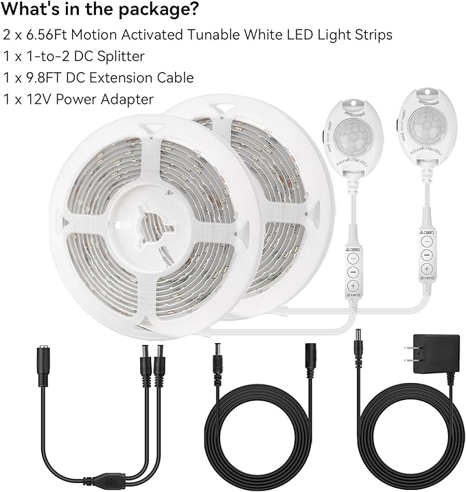 Motion Sensor Under Bed Lights, 2x6.56ft 3000K-6500K White Motion Activtaed LED Strip Lights with Auto-Off Timer, IP65 Waterproof Motion Sensor LED Light Strip for Bedroom Cabinet Stair Closet Mirror