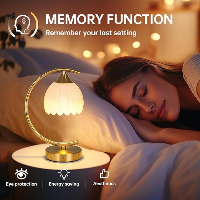 Tulip Table Lamp with 5200mAh Battery & Touch Control, Cordless Lamp with 3 Color Temperatures Clear Bulb, Rechargeable Small Table Lamps for Living Room, Bedside, Nightstand (White Tulip)