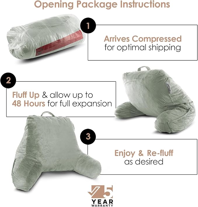 Nestl Reading Pillow with Shredded Memory Foam, Designed for Sitting Up in Bed and Couch, Back and Arms Adjustable Support for Adult & Teens Backrest Pillows for Reading with Washable Cover Sage Green