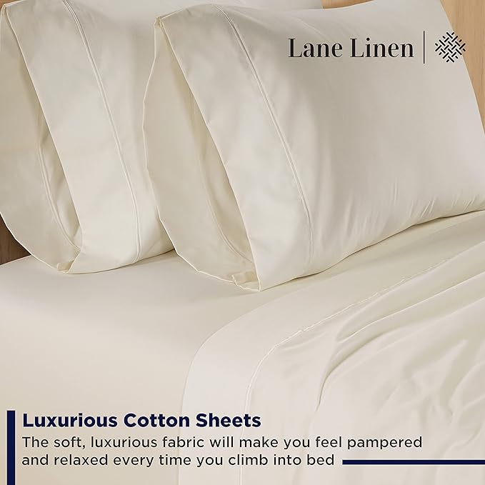 LANE LINEN 600 Thread Count 100% Cotton Bedding Sheet & Pillowcases California King, Soft & Comfy Sateen Weave Hotel Style Thick California King Sheets Set, Machine Wash - Ivory