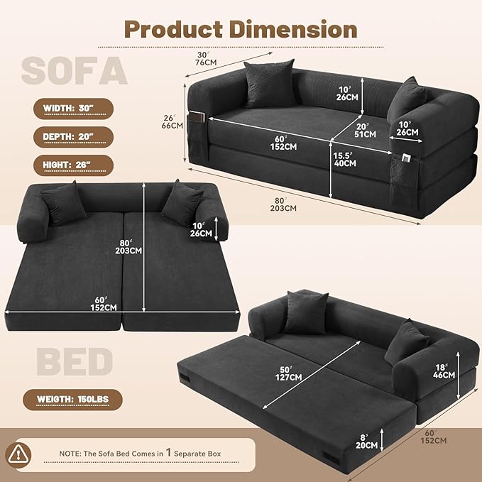Convertible Sofa Bed,80" Folding Sleeper Sofa Bed Queen with Pillows & Storage,Corduroy Pull Out Couch Boneless Couches for Living Room,Compressed Couch in a Box,Deep Gray