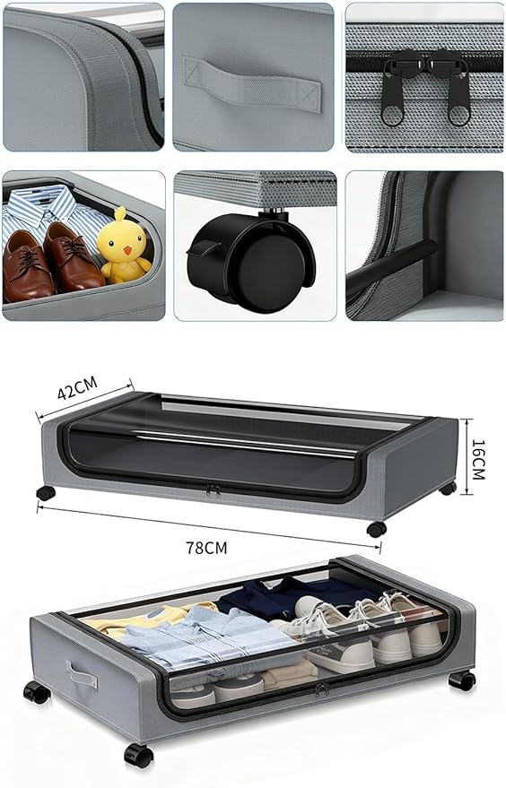 Under Bed Storage with Wheels, 6.7'' Tall Underbed Storage Containers with Lids - Rolling Bins for Shoes Clothes Blankets (Grey, 2-Pack XXL)