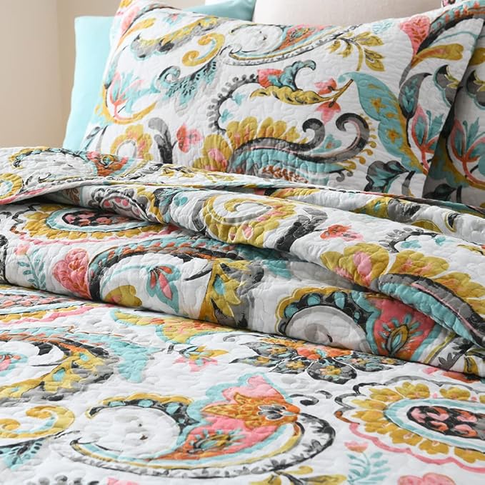 Cotton Bedspread Quilt Sets Reversible Bedding Coverlet Sets Comforter Paisley Floral Bedspread (White Paisley Floral, Queen Size)
