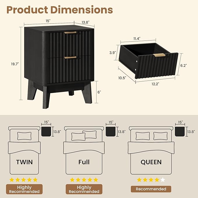Fluted Nightstand Set of 2, Modern End Table with Metal Handle,2 Storage Drawers Side Table,Bedside Table for Bedroom,Wood Nightstands,Curved Profile Design Furnitue, Black