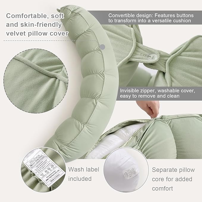 Peallow(Pat. Pend) – Long Round Body Pillow for Adults, Bolster Pillow for Sleeping, Soft and Supportive Pillow for Sleeping & Lumbar Support (Celadon Green,47")