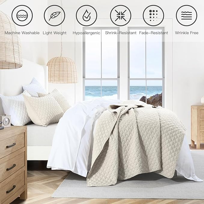 HORIMOTE HOME Quilt Set King Size Beige Bedspread, Modern Style Quilted Clouds Pattern Soft Coverlet Set Lightweight Microfiber Quilted Bedspread for All Season
