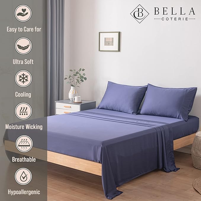 Bella Coterie Luxury Bamboo Viscose Full Size Sheet Set | 100% Organically Grown | Ultra Soft | Cooling for Hot Sleepers | 18" Deep Pocket [Twilight Blue]