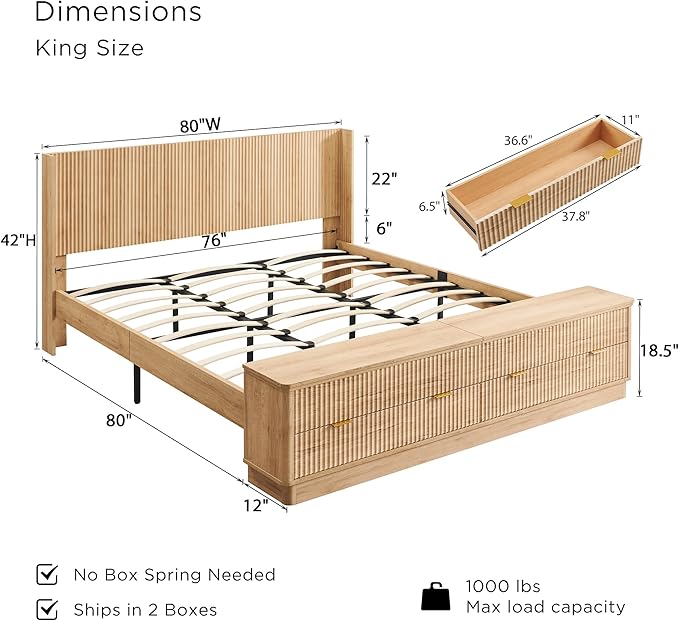 T4TREAM Fluted King Size Bed Frame with Wingback Headboard, Footboard Storage Bench with Built-in Drawers & Lift-Up Compartments, Wood & Steel Platform Bed, No Box Spring Needed, Natural Oak